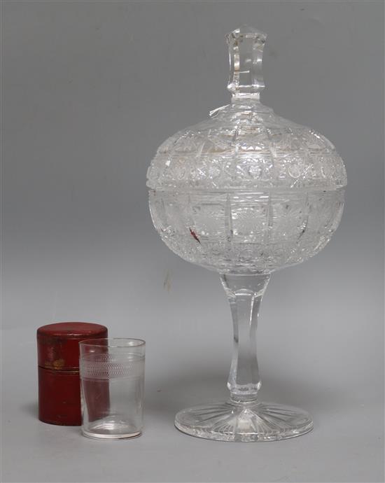 A cut glass pedestal bowl and cover and a leather cased cup Bowl H.32cm